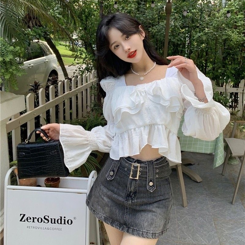 Áo Kiểu Tay Dài Phồng Cổ Vuông Phong Cách Pháp Thời Trang Mới Cho Nữ