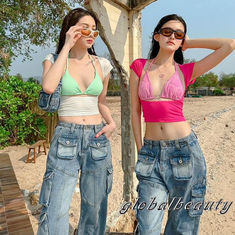 Áo Croptop Tay Ngắn Màu Sắc Trơn Cột Dây Thời Trang Mùa Hè Cho Nữ