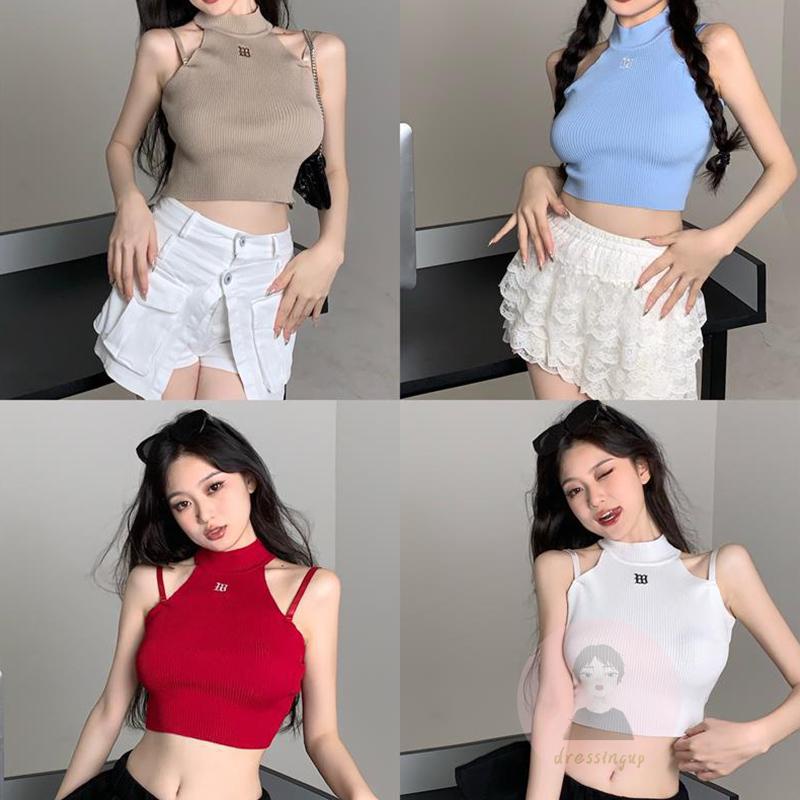 Áo Hai Dây Dệt Kim Ôm Dáng Thêu Chữ Thời Trang Cho Nữ