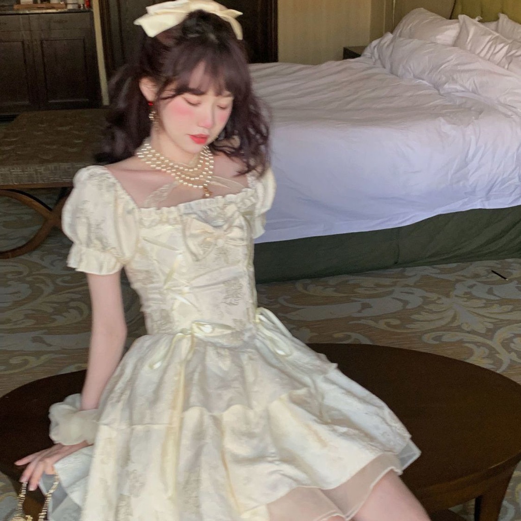 First Love Váy Ngắn Thắt Dây Phong Cách Công Chúa Sang Trọng Phong Cách Mới Mùa Hè