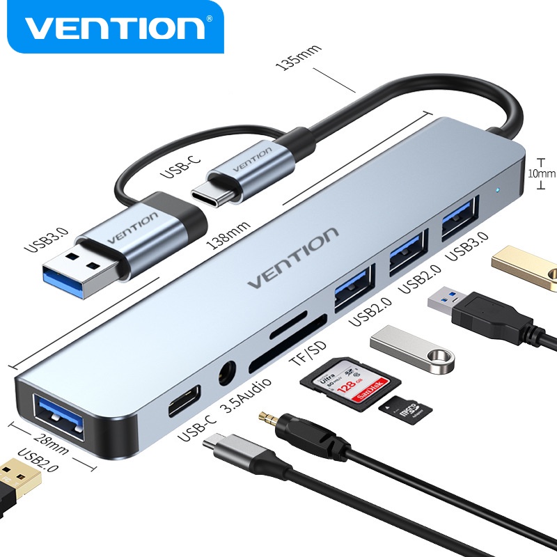 Vention Hub Chia Cổng USB C Hub 8 Trong 1 Type C Sang USB 2.0 USB 3.0 3.5mm Có Đầu Đọc Thẻ SD / TF Cho Laptop PC