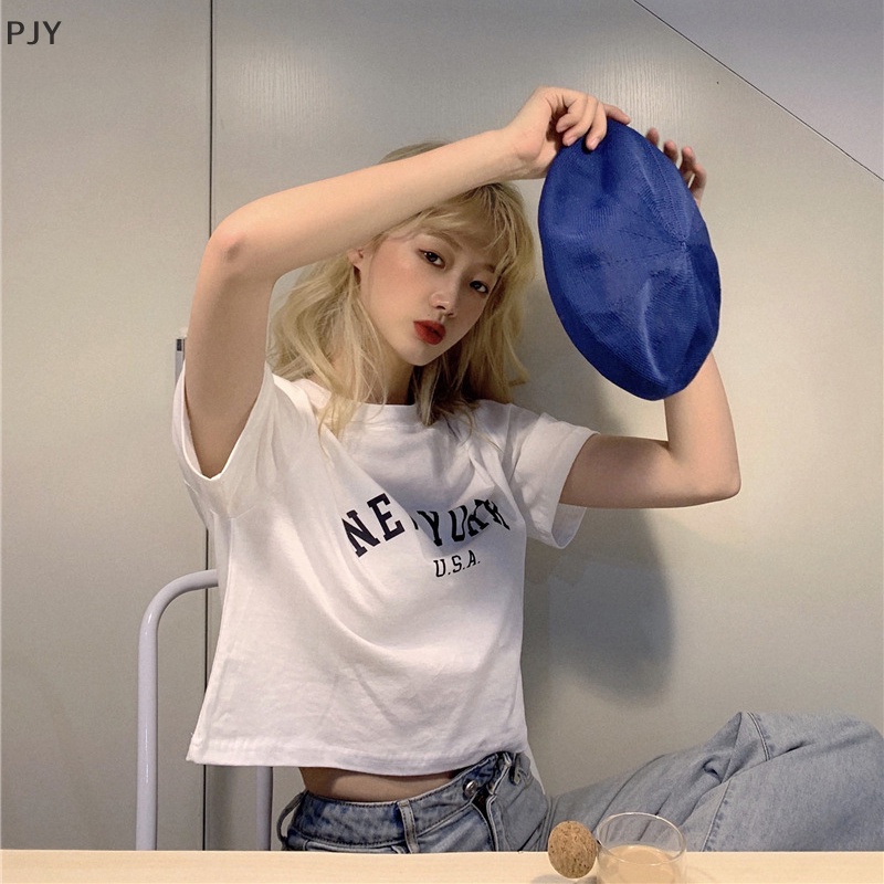 Áo Thun Crop Top Tay Ngắn Cổ Tròn Dáng Rộng In Chữ Thời Trang Mùa Hè Cho Nữ PJ