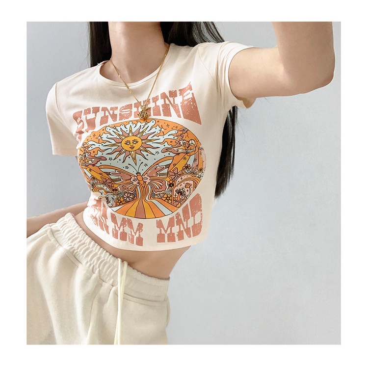 Y2k Áo Baby Tee Thun Croptop Nữ  Tay Ngắn Hở Rốn Ôm Dáng In Họa Tiết Bướm Mặt Trời Phong Cách Âu Mỹ Thời Trang Mùa Hè Mới Dành Cho