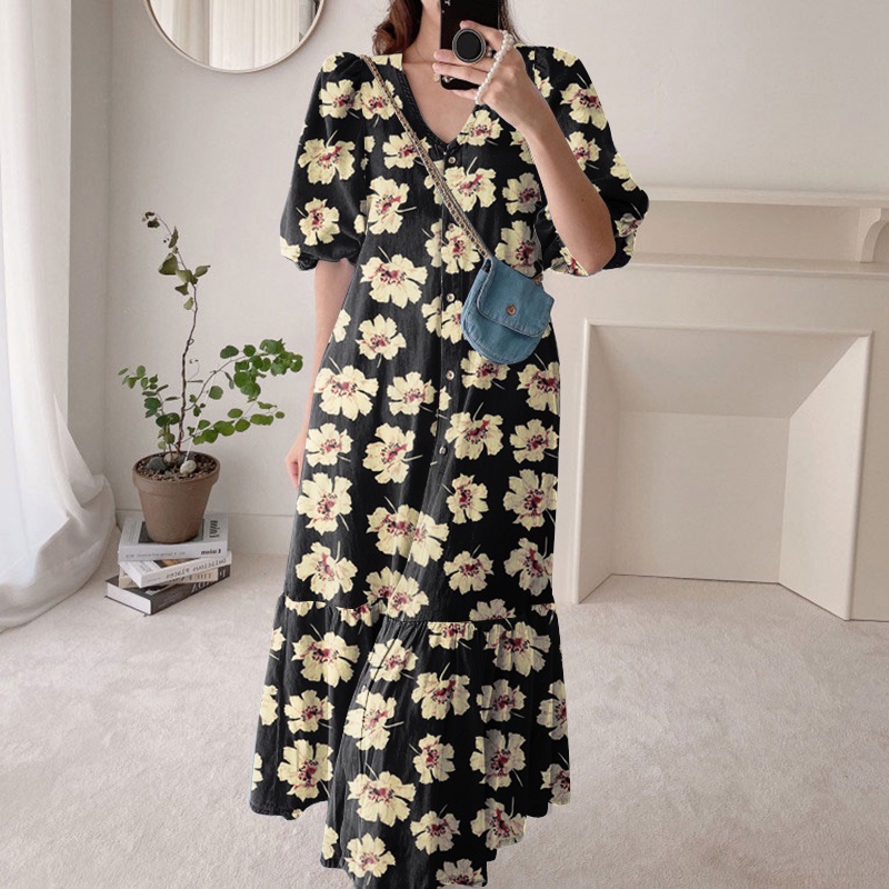 ZANZEA Đầm Tay Phồng Cổ Chữ V In Họa Tiết Hoa Phong Cách Hàn Quốc Thời Trang Cho Nữ