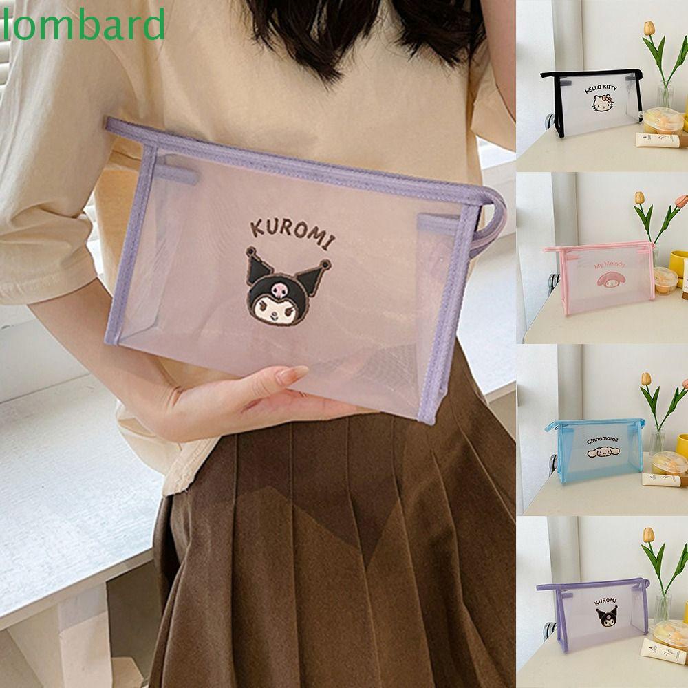 LOMBARD Túi Đựng Mỹ Phẩm Du Lịch Cỡ Lớn Vải Lưới Trong Suốt In Hoạt Hình Mèo Kitty Kuromi Phối Khóa Kéo