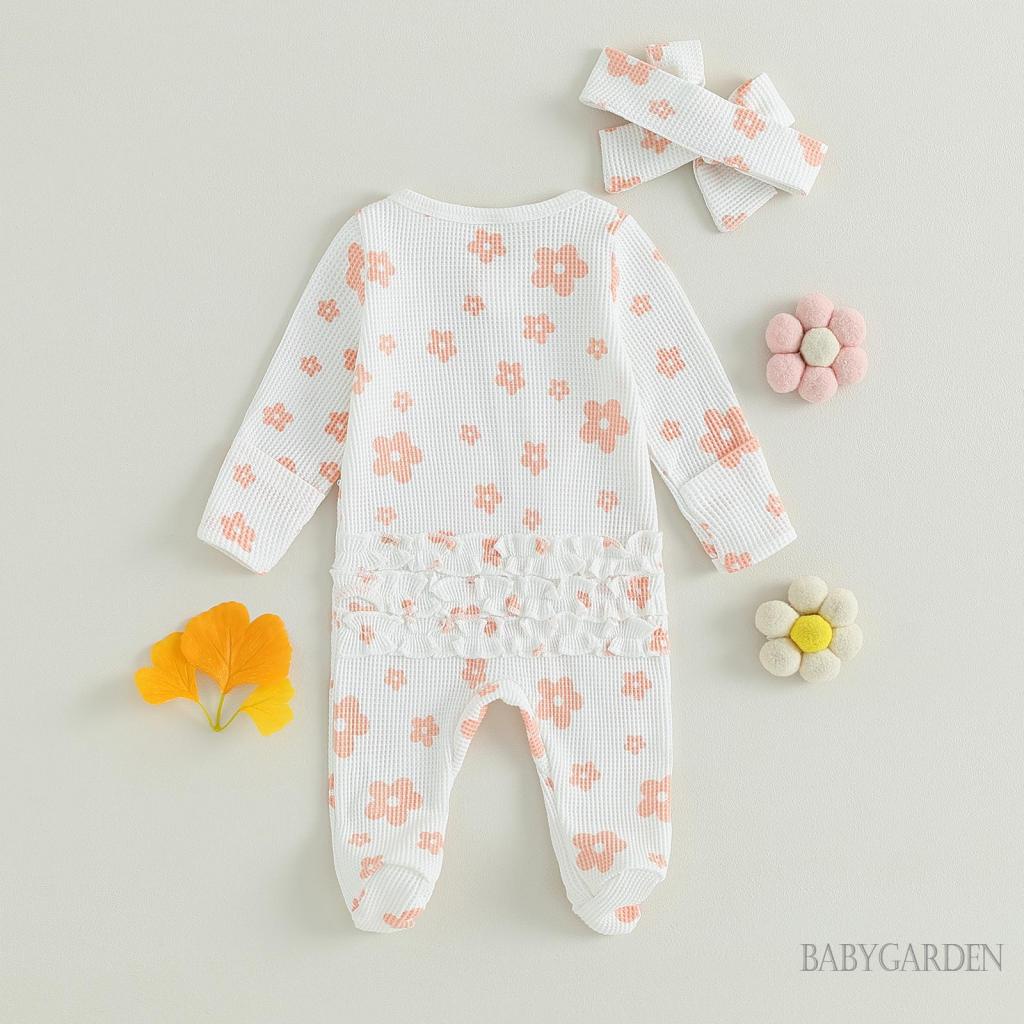 Bộ Áo Liền Quần Tay Dài In Hoa Hoạt Hình Khóa Kéo Trước + Băng Đô Nơ Dành Cho Bé Gái