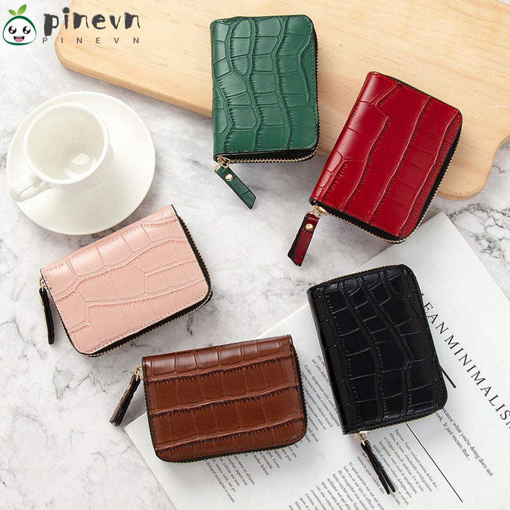 PINEVN Ví Da Pu Mỏng Đựng Thẻ Phối Khóa Kéo Cá Tính