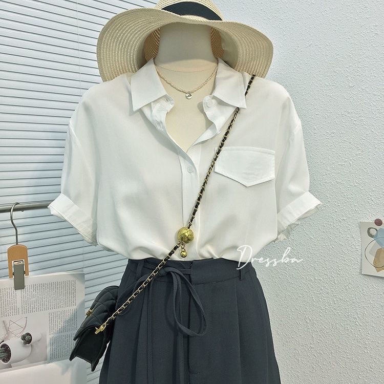 Áo Sơ Mi Tay Ngắn Có Túi Màu Trơn Phong Cách Hàn Quốc Thời Trang Mùa Hè Mới Cho Nữ