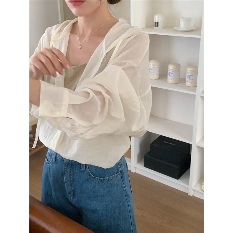 SUXI Áo Sơ Mi Chống Nắng Tay Dài Có Mũ Trùm Kiểu Hàn Quốc Dễ Phối Đồ