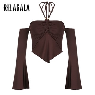 RelaGala Nữ Mới Gợi Cảm Gió Xếp Ly Nối Cổ Tắt Vai Sừng Tay Áo Thun Retro