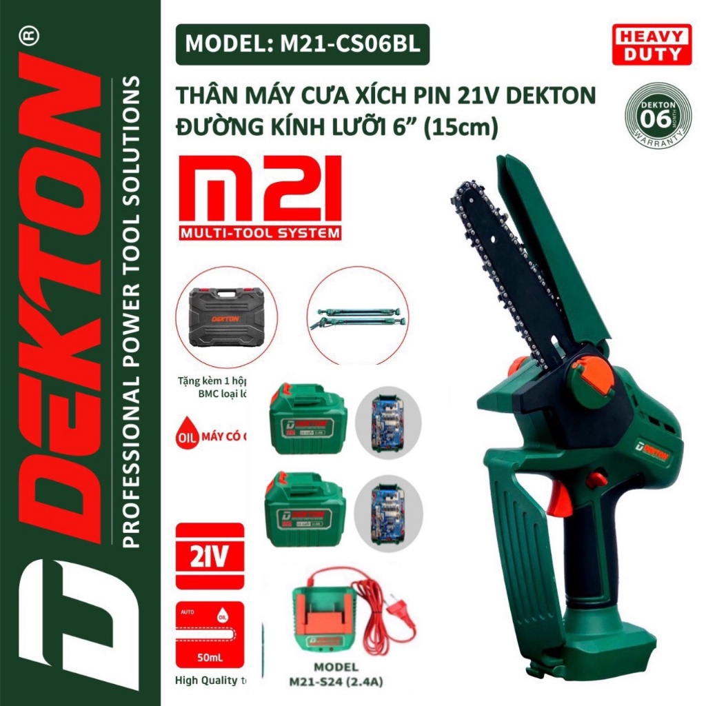 Máy cưa xích dùng pin DEKTON M21-CS06BL sử dụng chân pin thông dụng m21 GIÁ TỐT CHẤT LƯỢNG cm