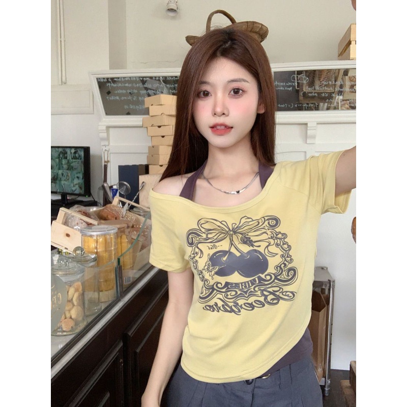 Áo Thun Ngắn Tay Giả Hai Lớp Màu Sắc Tương Phản Phong Cách Retro Dành Cho Nữ