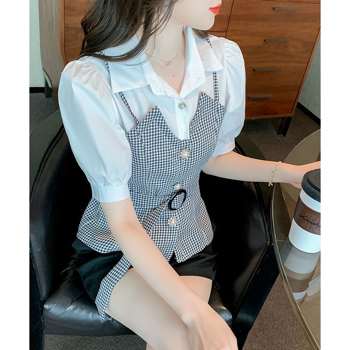 Áo Sơ Mi Chiffon Tay Ngắn Họa Tiết Sọc Caro Phong Cách Vintage Thời Trang Công Sở Cho Nữ