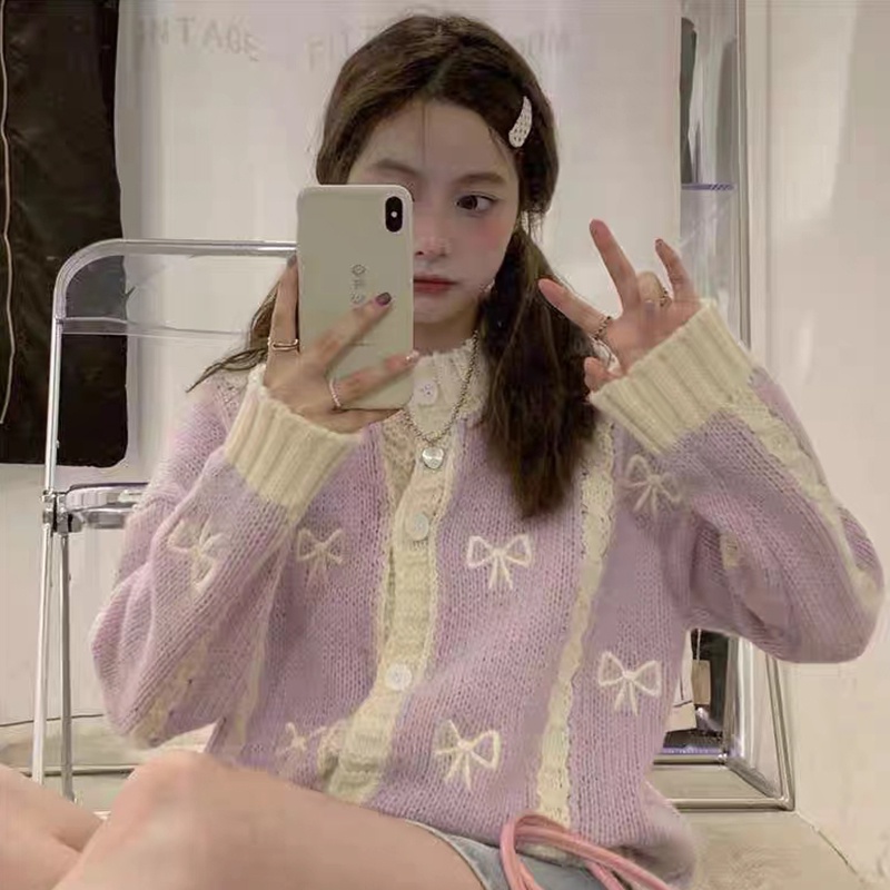 Áo Khoác Cardigan Dệt Kim Dáng Rộng Mềm Mại Thêu Họa Tiết Xinh Xắn