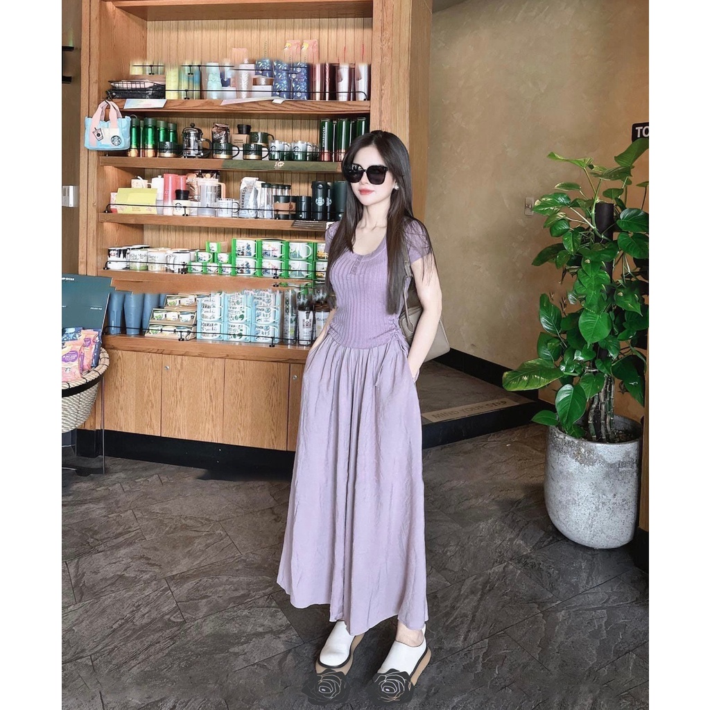 ✨BÁN SỈ✨Set áo tăm rút dây phối quần ống rộng màu tím