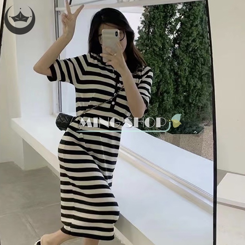 Đầm Hai Dây Dệt Kim Ôm Eo Họa Tiết Kẻ Sọc Thời Trang Mùa Hè Cho Nữ