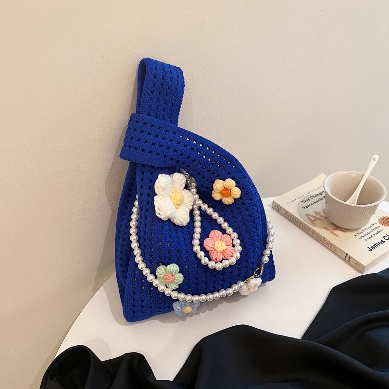 Túi Tote Đeo Vai Mùa Hè 2023 Bằng Vải Dệt Kim Phối Dây Xích Ngọc Trai Rỗng Xách Tay Cho Nữ