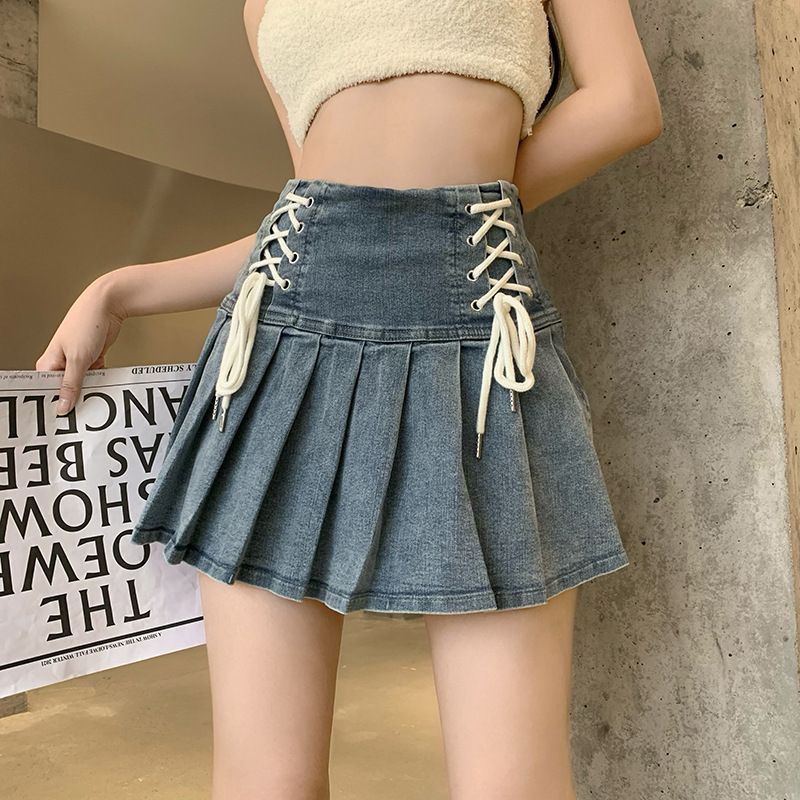 2023 Mới Hot Girl Rened-Up Thiết Kế Denim Xếp Ly Váy Nữ Mùa Hè Cao Cấp Niche Váy Chữ a Váy Ngắn