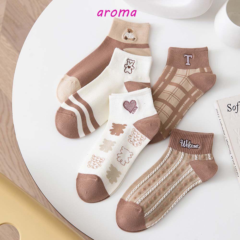 AROMA Tất Cotton Cổ Thấp Thoải Mái Thêu Chữ Dễ Thương