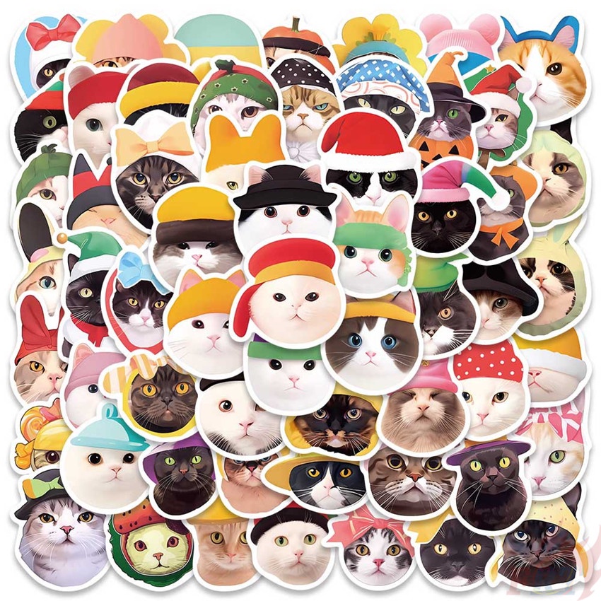 ❉ Chú Mèo Đội Mũ Ngộ Nghĩnh Đáng Yêu Miếng Dán Trang Trí Hình Mèo Dễ Thương Series 01 ❉ Bộ 55 Sticker Chống Thấm Nước Họa Tiết Doodle Hợp Thời Trang
