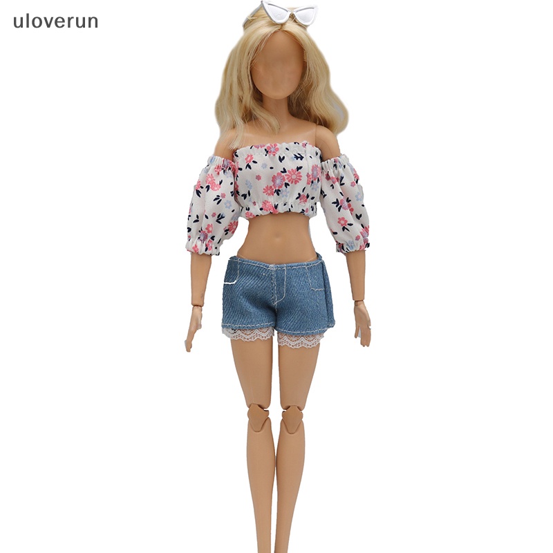 Uloverun Bộ Quần Áo Denim Tay Phồng In Hoa Tinh Tế Sáng Tạo Và Thiết Thực Cho Búp Bê 29cm