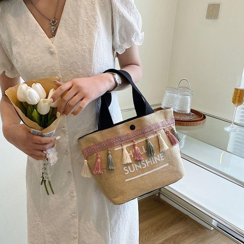 LOMBARD Túi Xách Vải Canvas Cỡ Lớn Phối Tua Rua Đa Năng Phong Cách Nhật Bản