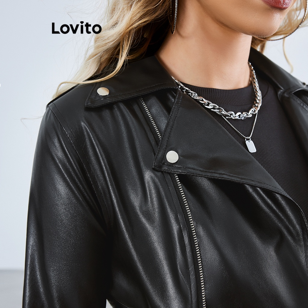 Lovito Áo khoác croptop trơn thường ngày có khóa kéo cho nữ LBE01052 (Đen)