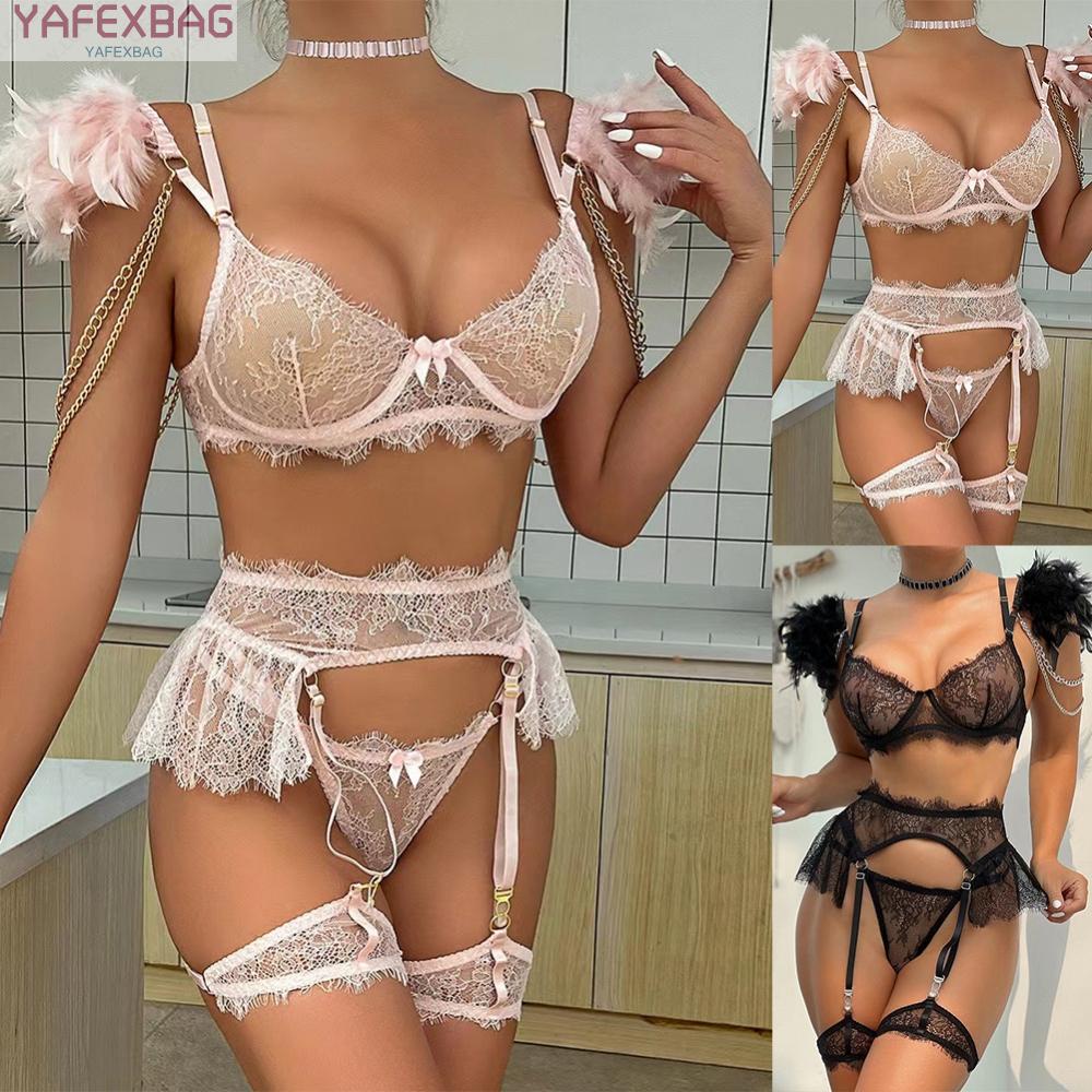 Sensational Lace Feather Lingerie 3 Piece Bra Set Chain Panties Garters Included