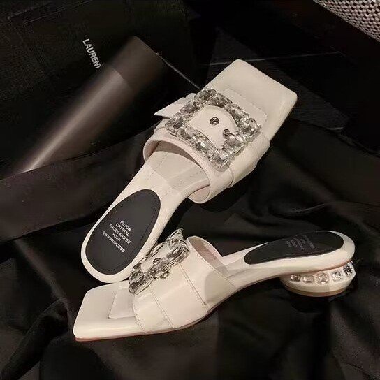 Dép Da PU Đính Đá Phối Khóa Vuông Phong Cách Pháp Thời Trang Đi Biển Mùa Hè