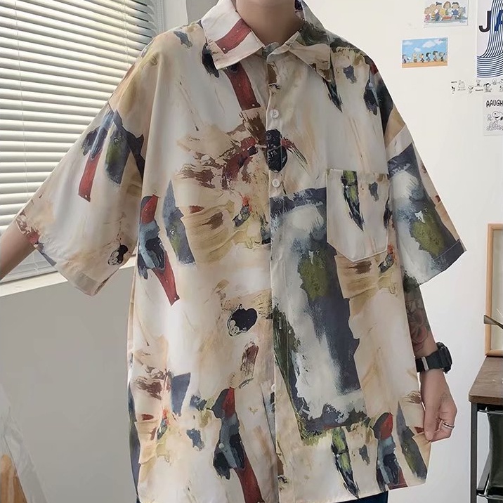 Áo Sơ Mi Dáng Rộng In Họa Tiết Phong Cách Vintage Đường Phố Hàn Quốc Cho Nam
