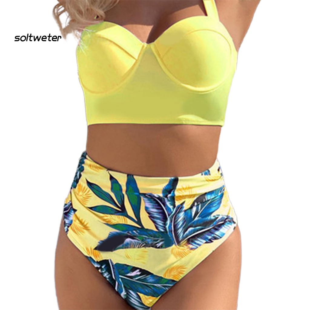 Bộ Đồ Bơi Bikini Hai Mảnh Lưng Cao Có Đệm Ngực In Họa Tiết Lá Cây Dành Cho Nữ