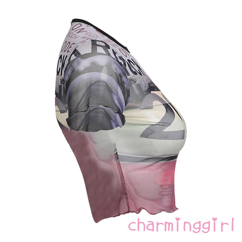 Áo Croptop Tay Ngắn Phối Lưới In Chữ Thời Trang Mùa Hè Cho Nữ