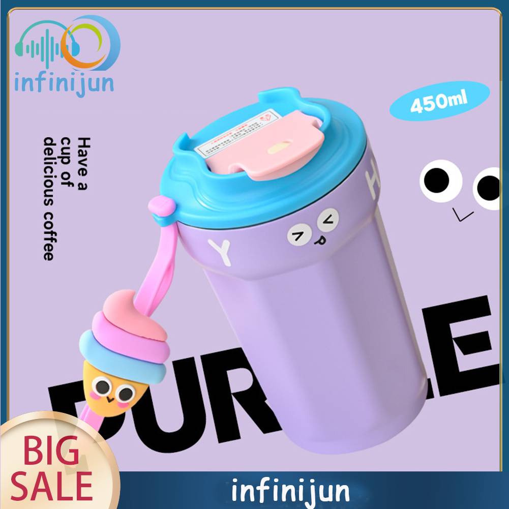 Bình Nước 450ML Bằng Thép Không Gỉ In Họa Tiết Hoạt Hình Dễ Thương Tiện Dụng Mang
