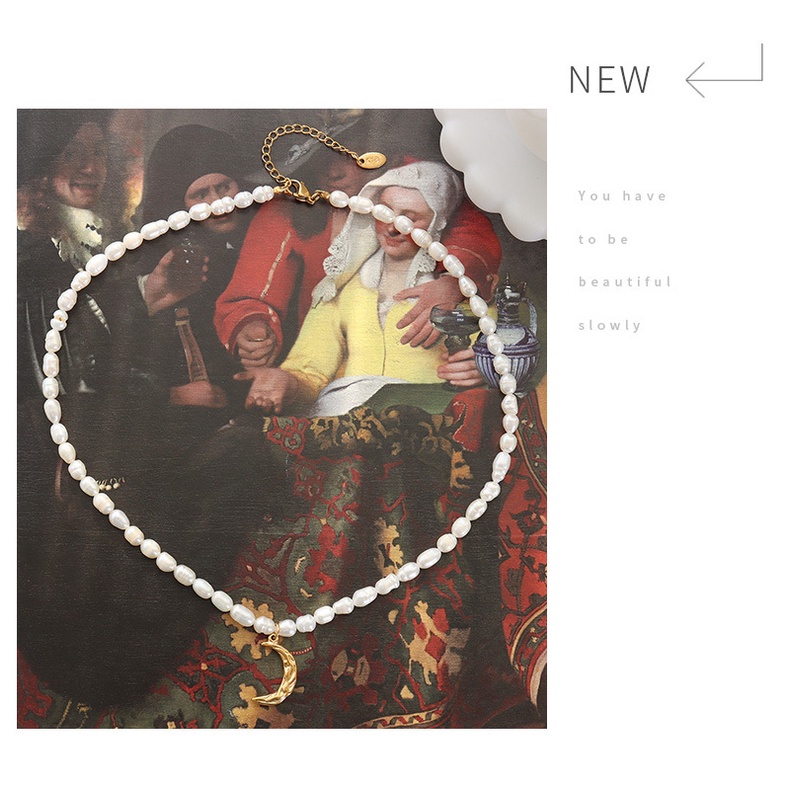 Vòng cổ Bằng Thép Titan Mạ Vàng Đính Ngọc Trai Tự Nhiên Thời Trang