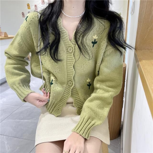 Áo Khoác Cardigan Dệt Kim Tay Dài Cổ Chữ V In Hoa Thời Trang Cho Nữ