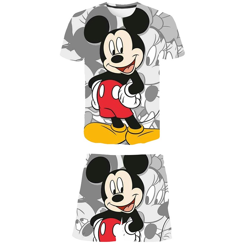 Set Đồ Mùa Hè Gồm Áo Thun In Hình Chuột Mickey + Quần Ngắn In Họa Tiết Hoạt Hình Dễ Thương Thời Trang Cho Bé Trai / Gái 1-14