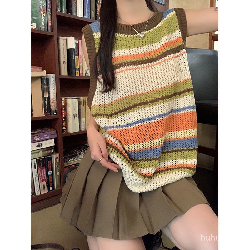 Áo Len Không Tay Họa Tiết Kẻ Sọc Màu Sắc Tương Phản Phong Cách Preppy Ngọt Ngào Cho Nữhuhu01.vn712