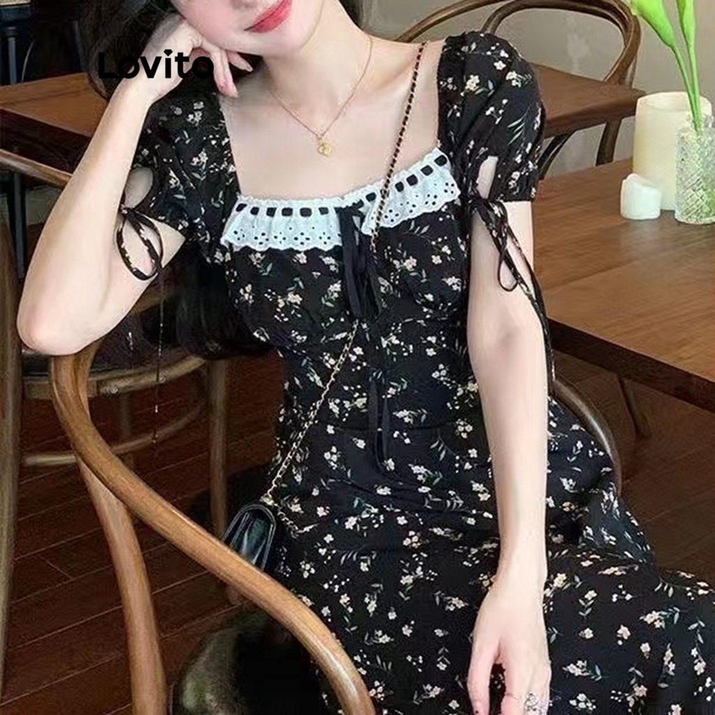 Đầm tay ngắn Lovito boho phối ren lưới tương phản cho nữ LNE12090