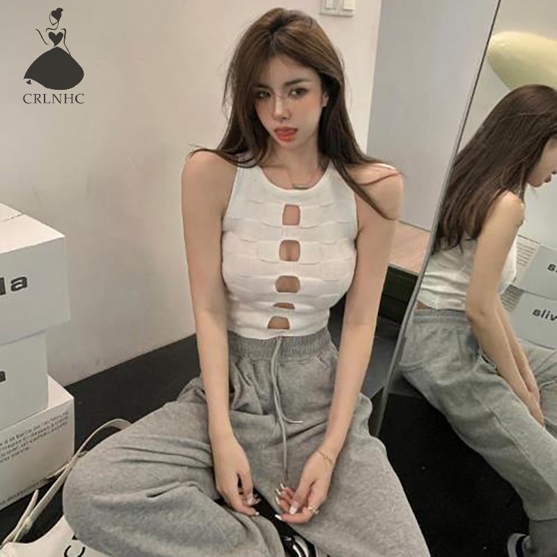 Áo Croptop Dệt Kim Sát Nách Cổ Tròn Dáng Ôm Khoét Lỗ Thời Trang Mùa Hè Quyến Rũ Cho Nữ