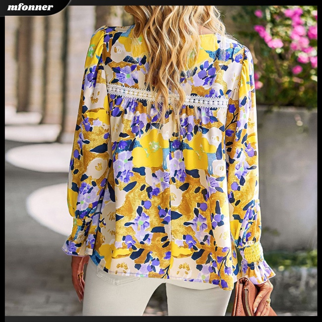 Áo Sơ Mi Tay Dài Dáng Rộng Cổ Tròn In Hoa Thiết Kế Thoáng Khí Thoải Mái Cho Nữ