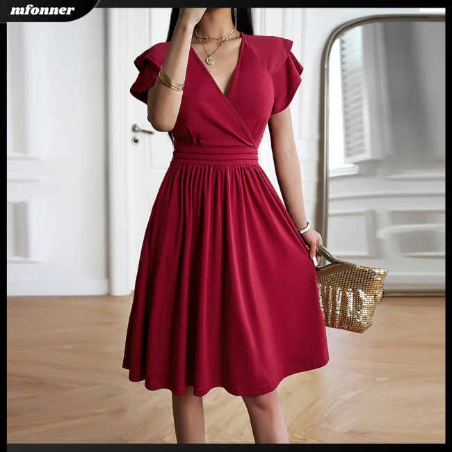 Đầm Midi Tay Ngắn Cổ Chữ V Màu Sắc Trơn Thanh Lịch Dành Cho Nữ