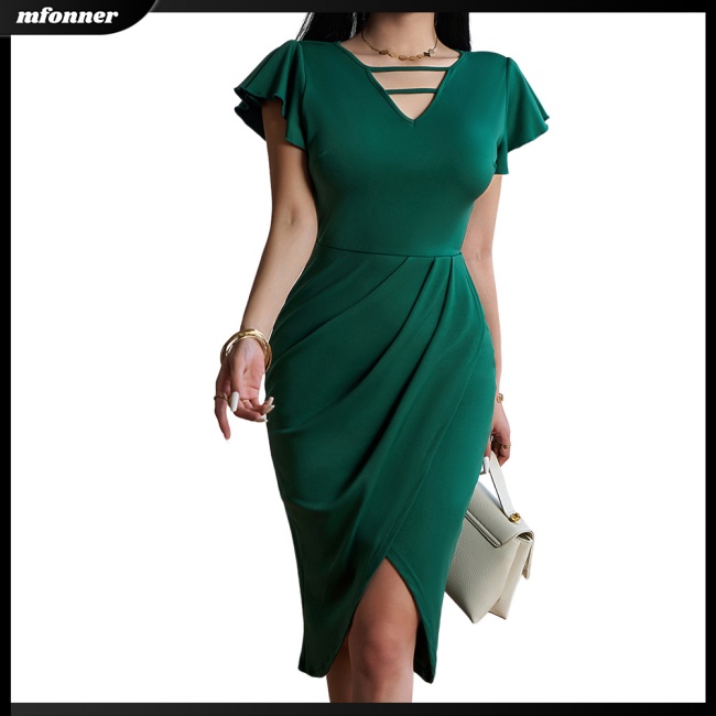 Đầm Midi Tay Ngắn Cổ Chữ V Màu Sắc Thanh Lịch Dành Cho Nữ