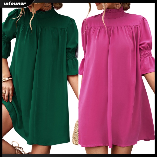 Đầm Ngắn Dáng Chữ A Cổ Rùa Tay Bèo Màu Sắc Đơn Giản Thoáng Khí Cho Nữ