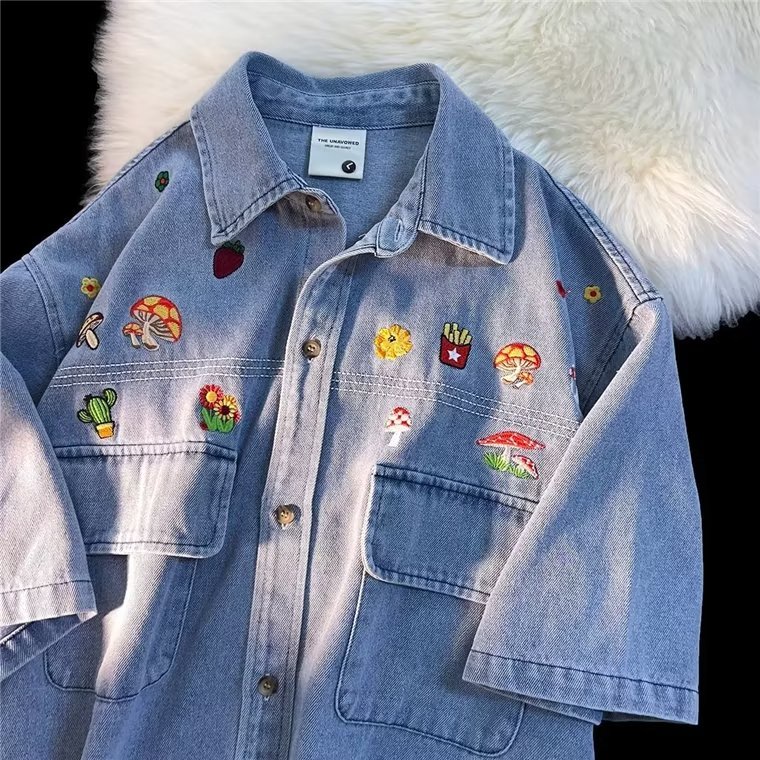 Áo Sơ Mi Tay Ngắn Thêu Họa Tiết Hoạt Hình Phong Cách Retro Mỹ Thời Trang Mùa Hè Cho Nam