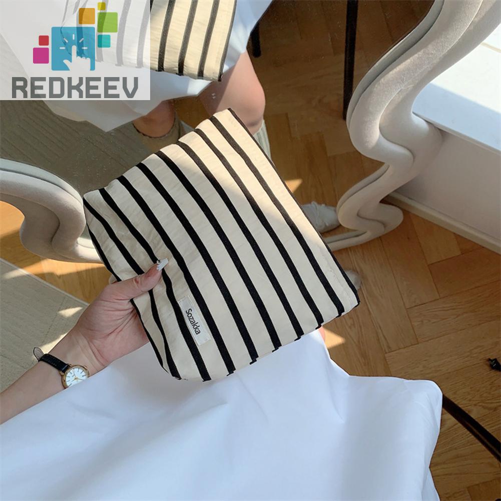 Túi Đựng Mỹ Phẩm Bằng Vải Canvas Họa Tiết Kẻ Sọc Sức Chứa Lớn Tiện Dụng Cho Nữ