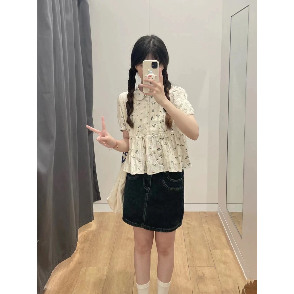 Áo Sơ Mi Tay Ngắn Phồng Cổ Chữ V In Họa Tiết Hoa Phong Cách vintage Dành Cho Nữ