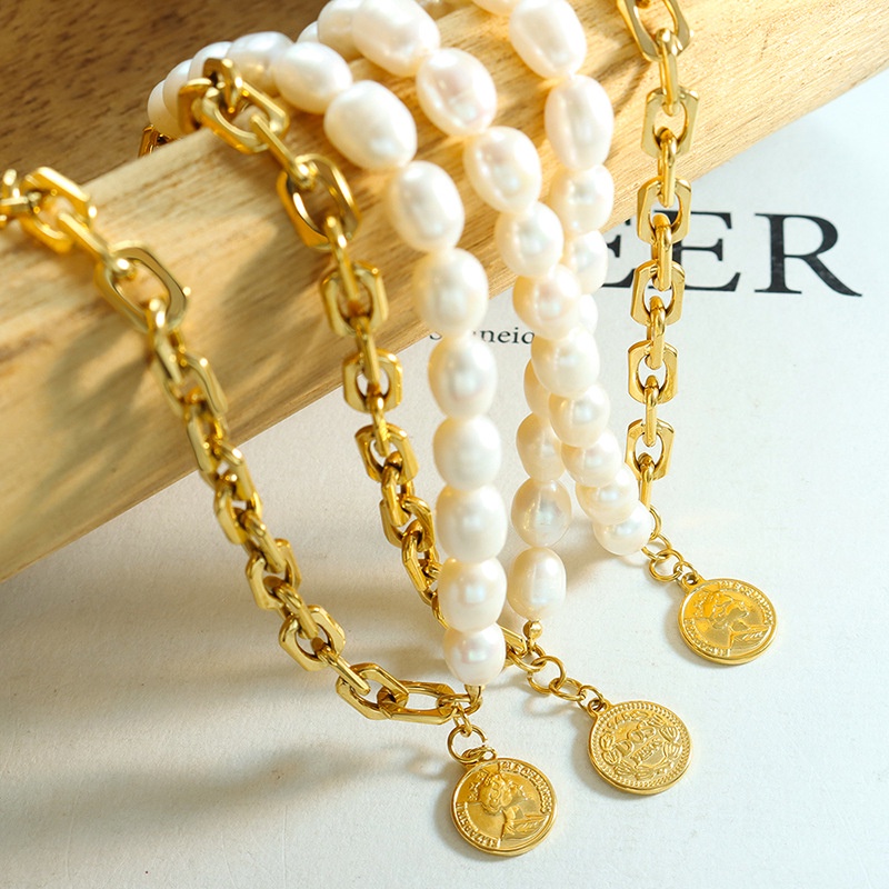 Vòng cổ Thép Titan Dày Không Màu Đính Ngọc Trai Phong Cách Hip hop Âu Mỹ