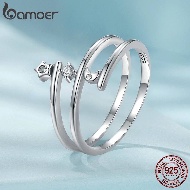 Bamoer Nhẫn Bạc Sterling 925 Nhiều Lớp Mặt Trăng Và Ngôi Sao Thời Trang Cho Nữ SCR970