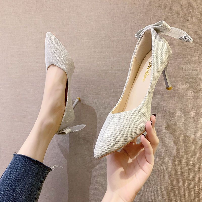 Giày Cao Gót Mũi Nhọn Đính Nơ Thời Trang Pháp Cho Nữ