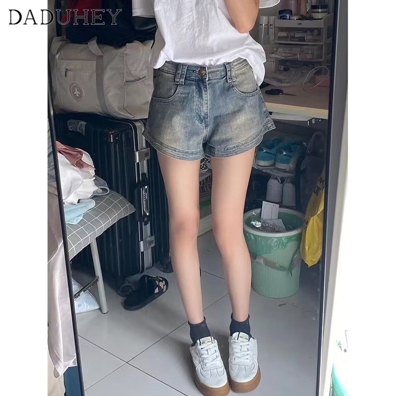 Quần short denim DADUHEY dáng chữ A lưng cao size lớn phong cách retro đường phố Mỹ mới